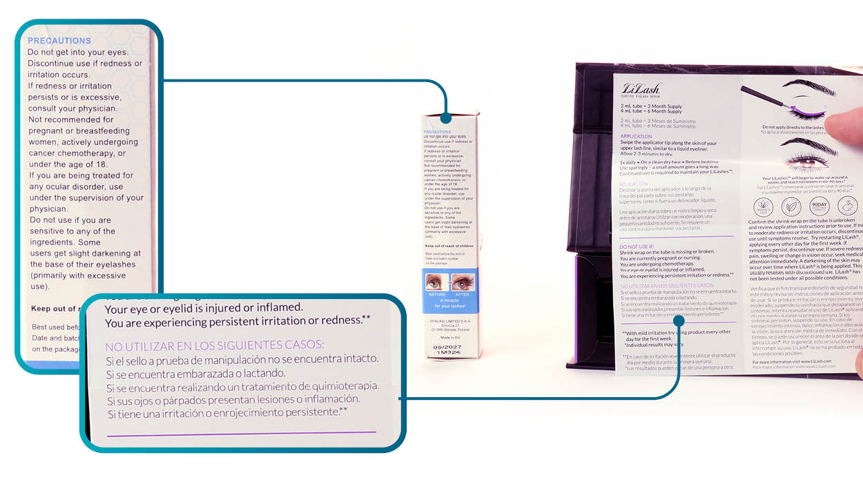 Etiquetado de sérums para alargar pestañas: advertencias de uso